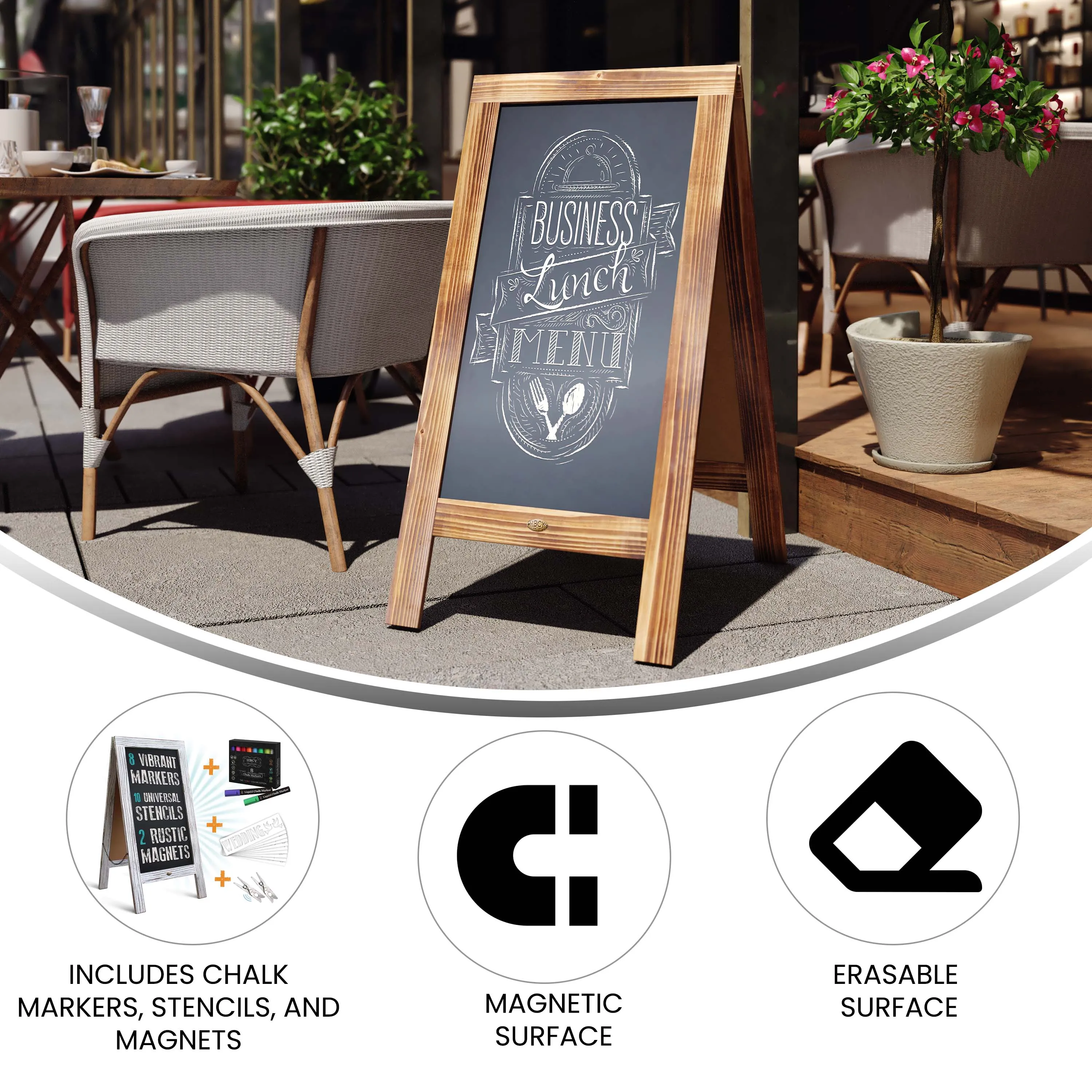 Canterbury Wooden Indoor/Outdoor A-Frame Magnetic Chalkboard Sign Set with 8 Chalk Markers, 10 Stencils, Eraser, and 2 Magnets