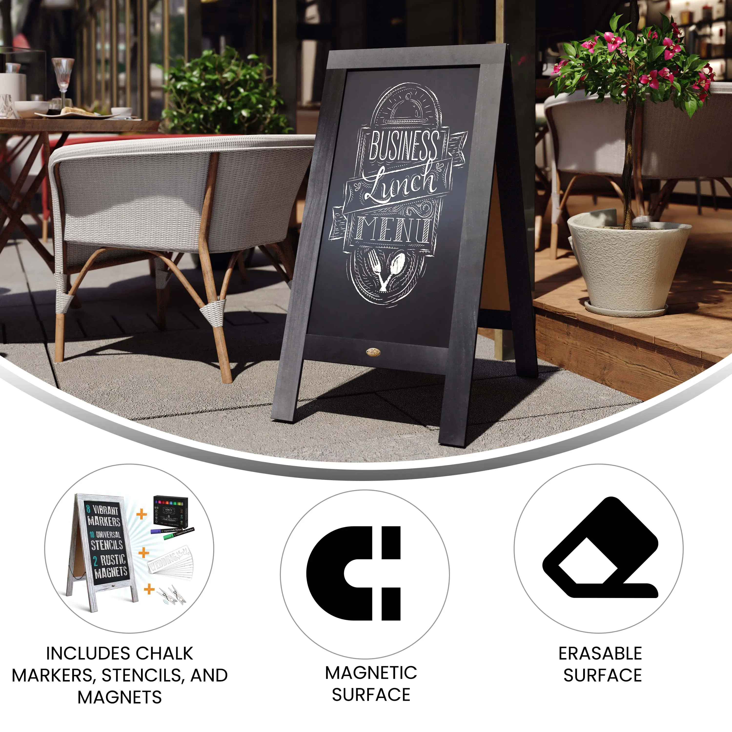 Canterbury Wooden Indoor/Outdoor A-Frame Magnetic Chalkboard Sign Set with 8 Chalk Markers, 10 Stencils, Eraser, and 2 Magnets