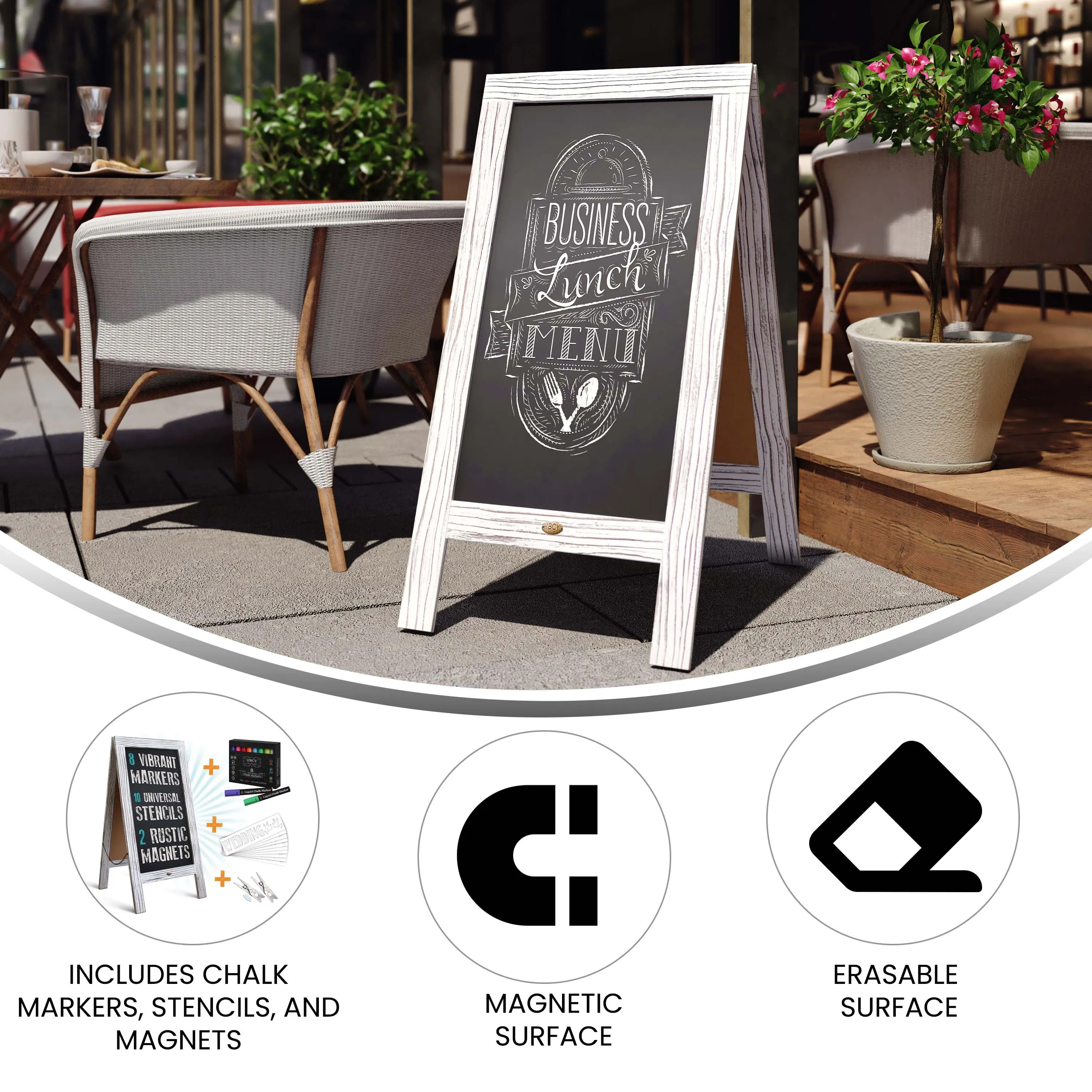 Canterbury Wooden Indoor/Outdoor A-Frame Magnetic Chalkboard Sign Set with 8 Chalk Markers, 10 Stencils, Eraser, and 2 Magnets