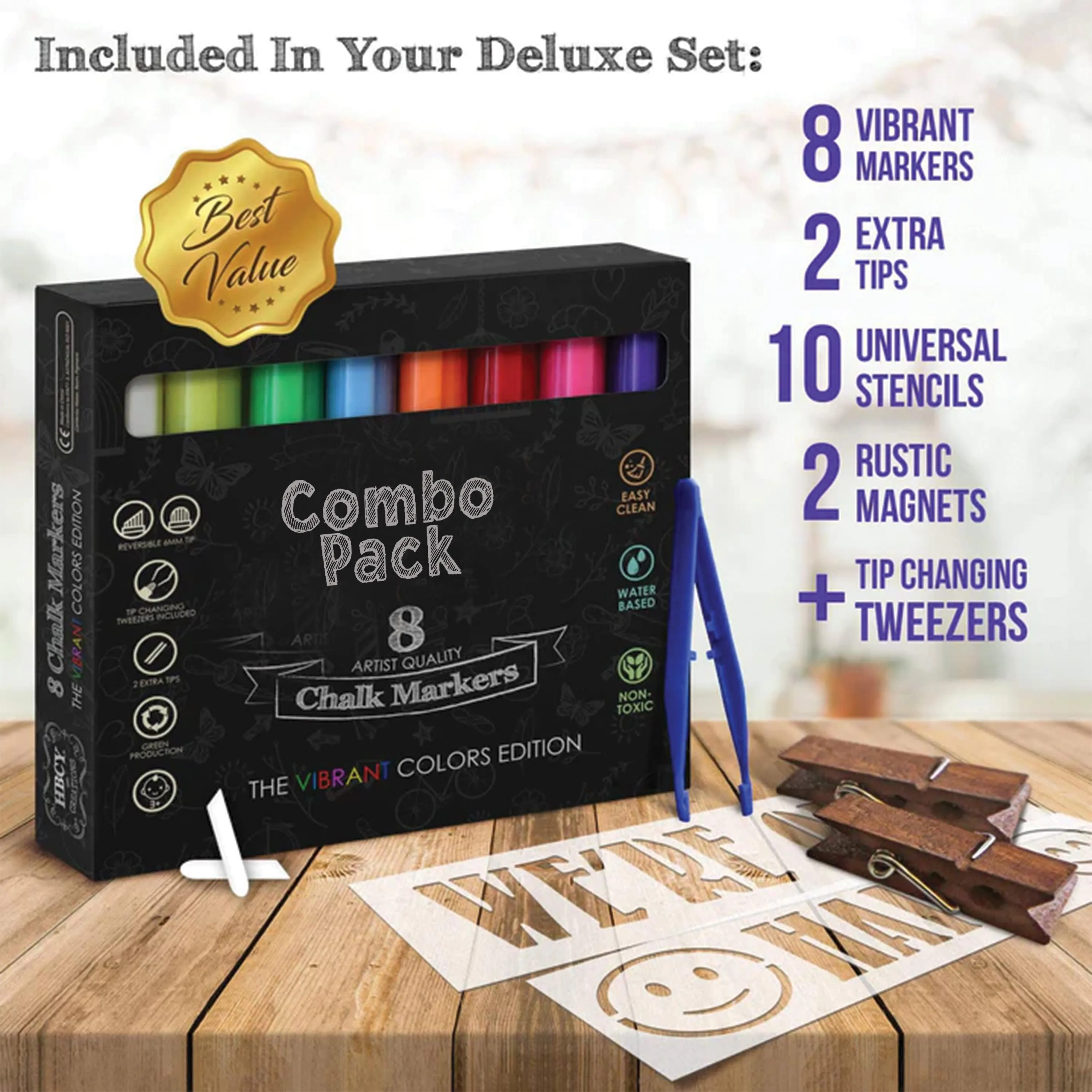 Canterbury Wooden Indoor/Outdoor A-Frame Magnetic Chalkboard Sign Set with 8 Chalk Markers, 10 Stencils, Eraser, and 2 Magnets