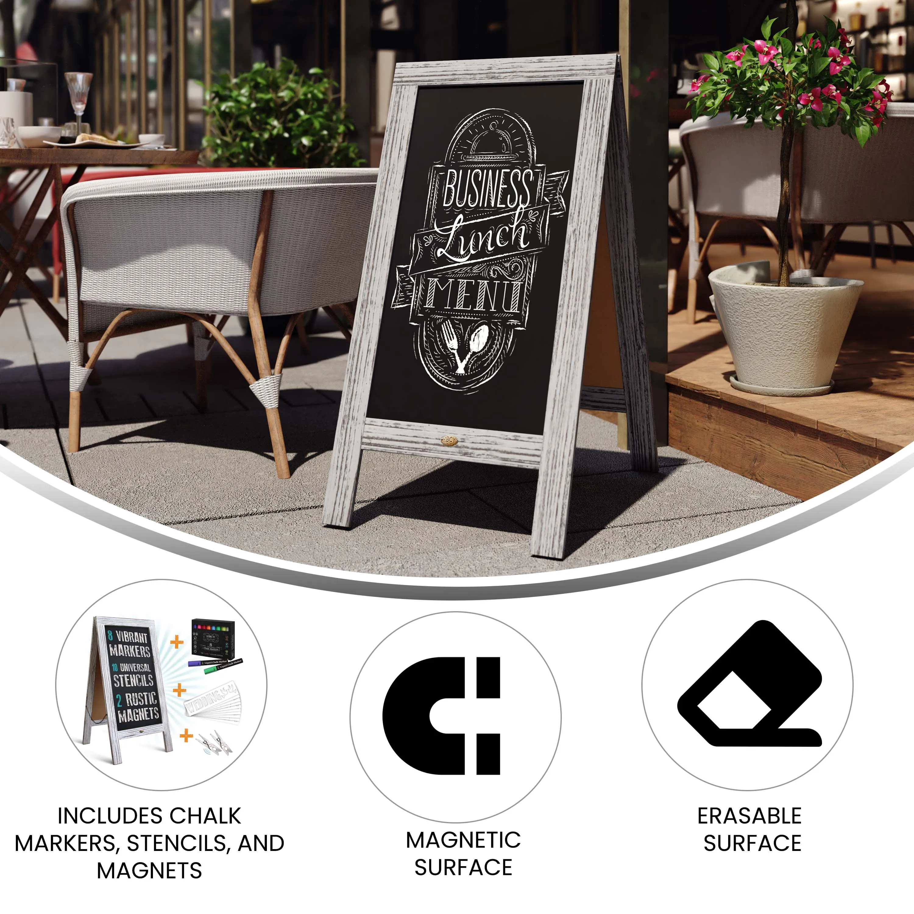 Canterbury Wooden Indoor/Outdoor A-Frame Magnetic Chalkboard Sign Set with 8 Chalk Markers, 10 Stencils, Eraser, and 2 Magnets