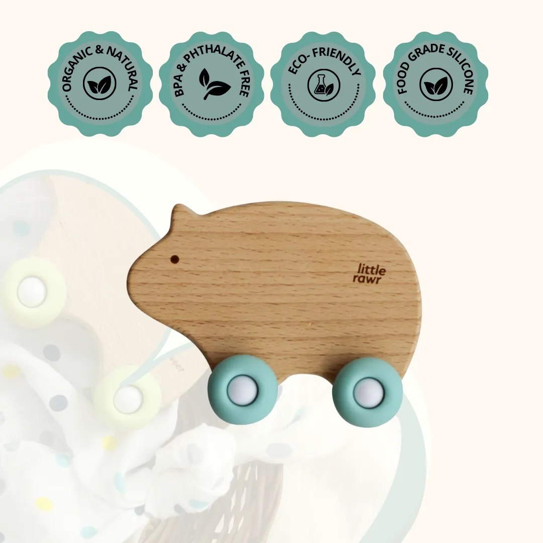 Little Rawr Wood Wheelie Animal- BEAR Shape- Blue