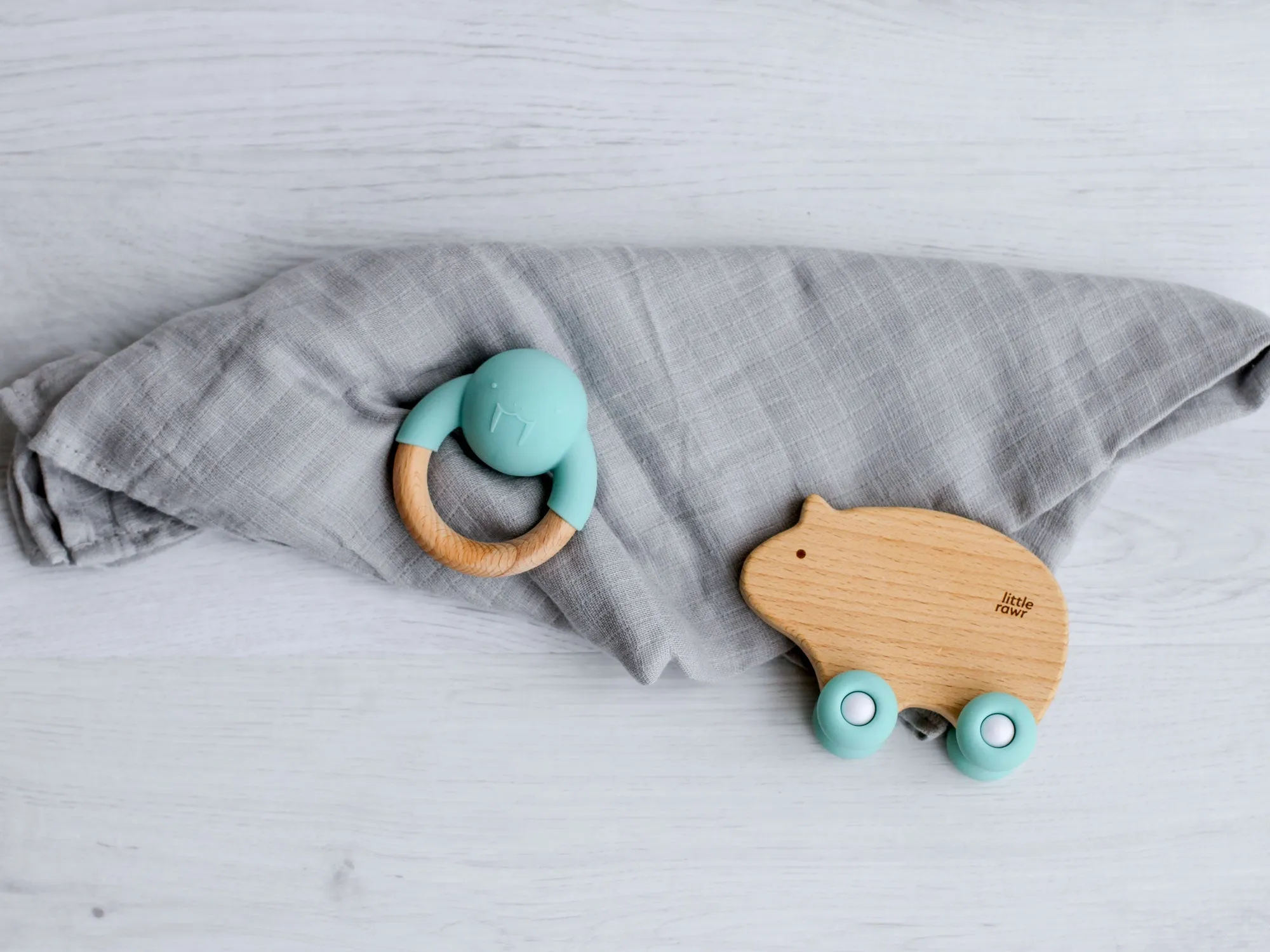 Little Rawr Wood Wheelie Animal- BEAR Shape- Blue
