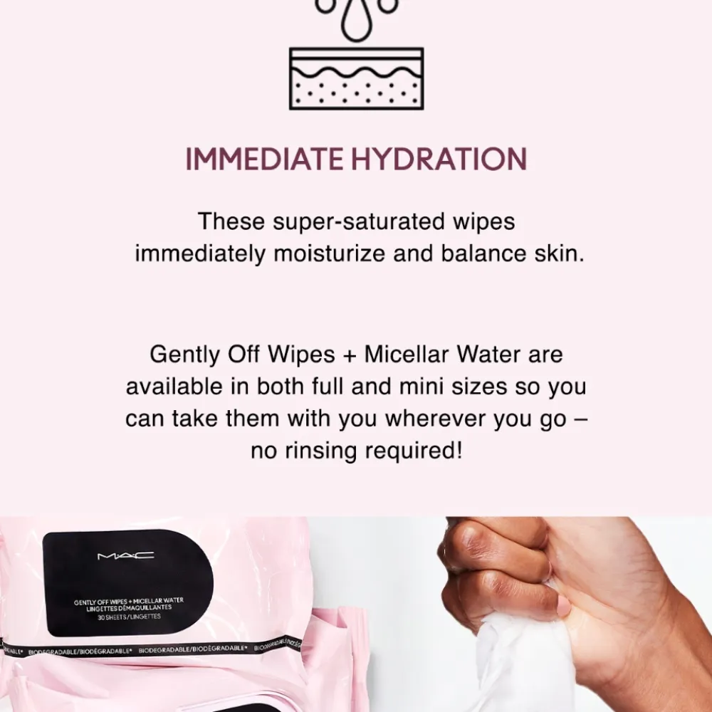M.A.C Gently Off Wipes   Micellar Water Biodegradable / Mini MAC 30 Sheets